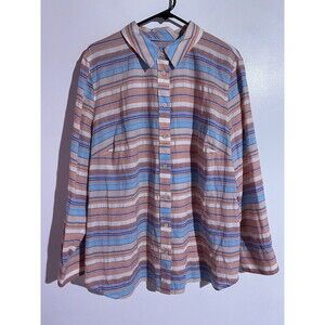 Talbots Shirt 2X Pink Blue Stripe Lagenlook Beachy Cotton Buttons Casual NWOT